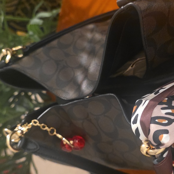 Coach Dark Brown Shoulder Bag with Scarf Accent & Purse Charm. L - Picture 10 of 13